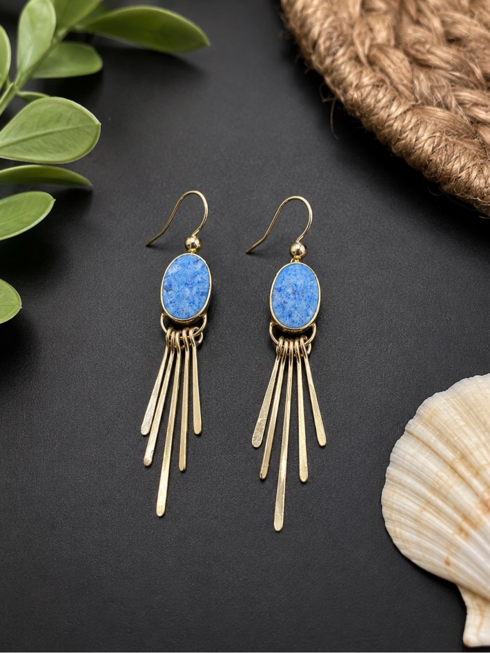 Sterling Silver Blue Stone Fringe Dangle Earrings Southwestern Style Boho